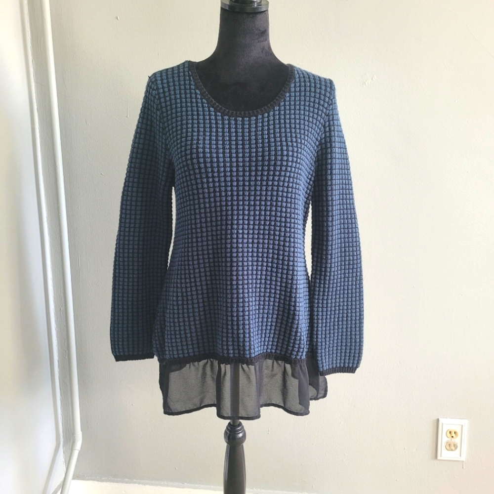 Blue And Black Textured Knit Sweater with Sheer 4" Polyester Accent Hem